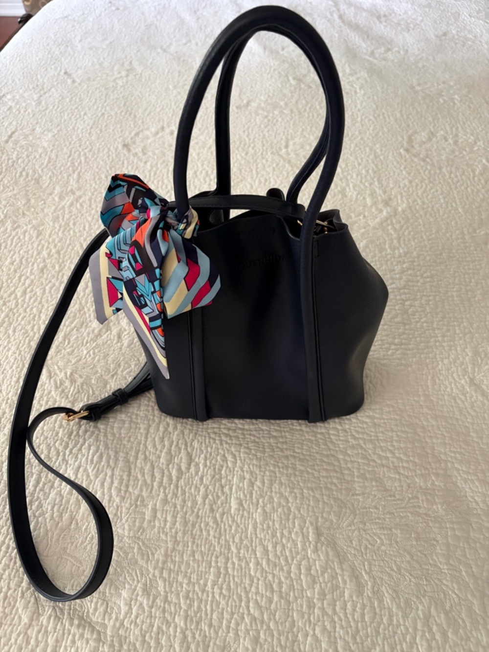 LOUENHIDE vegan Leather Tote Bag with Colorful Scarf Accent NWOT
